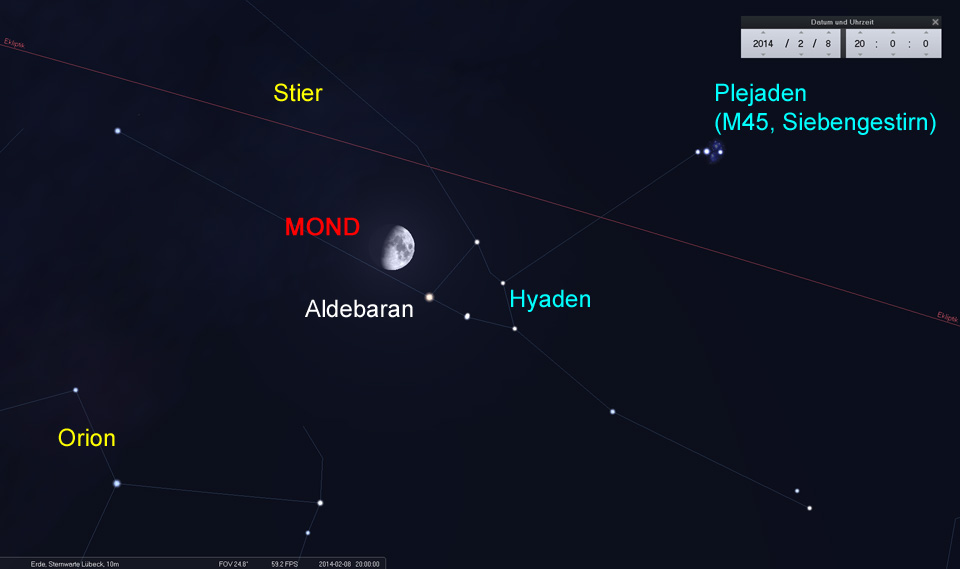 Konjunktion zwischen Mond und Aldebaran am 08.02.2014
