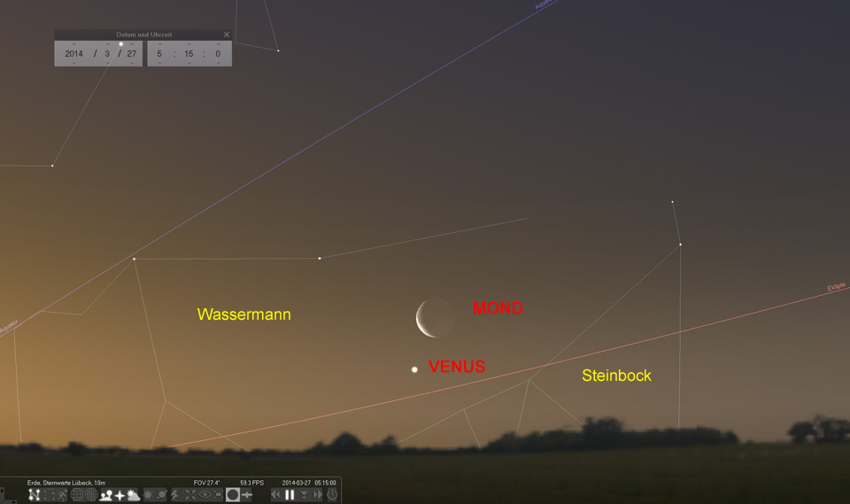 Schöne Konjunktion am 27.03. zwischen der schmalen Mondsichel und dem "Morgenstern" Planet Venus