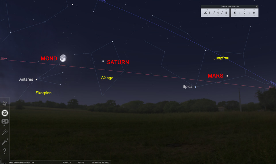 18.04.: Der Skorpion mit dem hellen Antares wird vom Mond erreicht