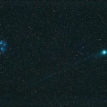 Komet Lovejoy C/2014 Q2. Der australische Amateurastronom Terry Lovejoy entdeckte den nach ihm benannten Kometen am 17. August 2014. Im Januar 2015 kam der Komet in Erdnähe und passierte den Sternhaufen der Plejaden (Stephan Brügger)