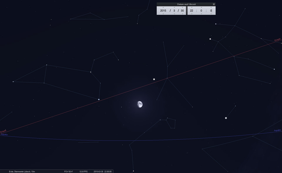 20.03.: Der Mond bewegt sich schnell weiter und bildet heute ein Dreieck mit Jupiter und Regulus