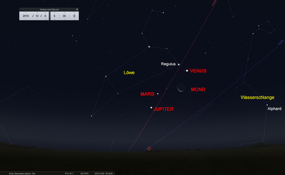 09.10.: Mond und drei Planeten im Sternbild Löwe - gucken, fotografieren, zeichnen: alles erlaubt!