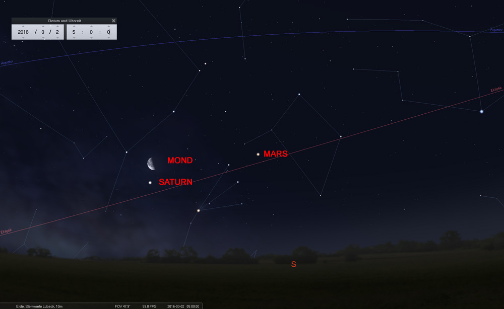 02.03.: ...dritter Tag, drittes Sternbild. Mond und Saturn vor den Sternen des Schlangenträger.