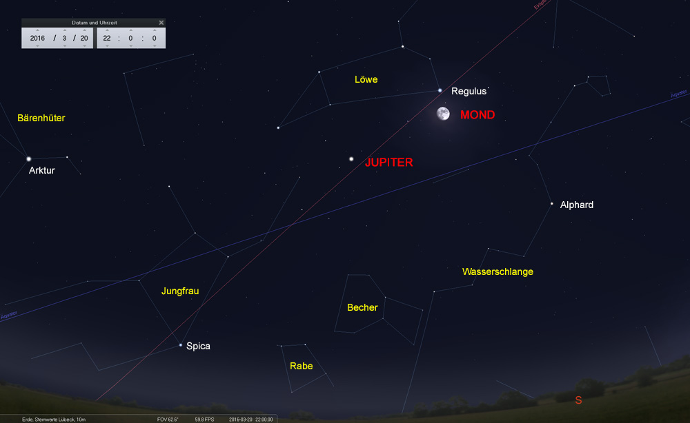 20.03.: Der Mond steht unterhalb von Regulus und steuert auf Jupiter zu